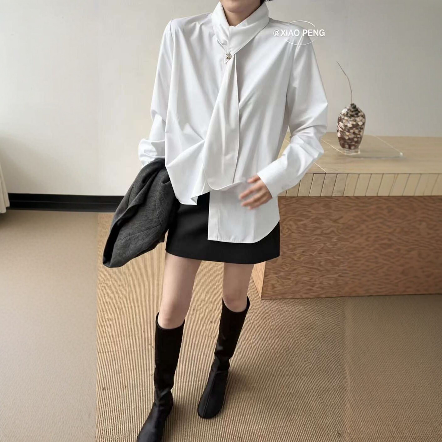 设计感飘带领白色衬衫女2026秋潮