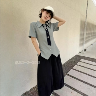 夏季 女高级感轻奢减龄洋气2026新款 欧洲站上衣潮 衬衫 钻石领带短袖