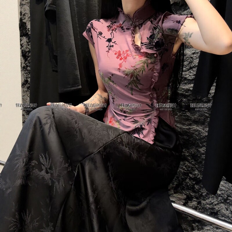 立领木耳边盘扣短袖国风衬衫女潮