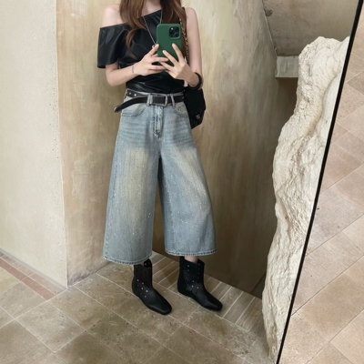 ZM复古水洗做旧烫钻阔腿牛仔裤女