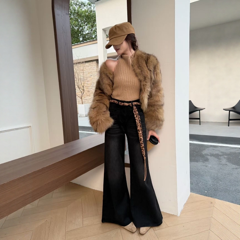 ZM豹纹丝带微喇牛仔裤女2025秋冬