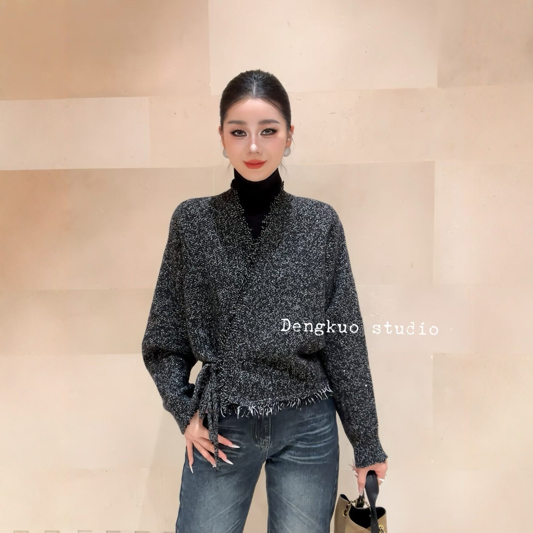 流苏收腰花纱针织开衫毛衣外套女