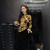 拼接真兔毛国风加绒加厚衬衫 上衣 欧洲站立领新中式 女2025新款 冬季