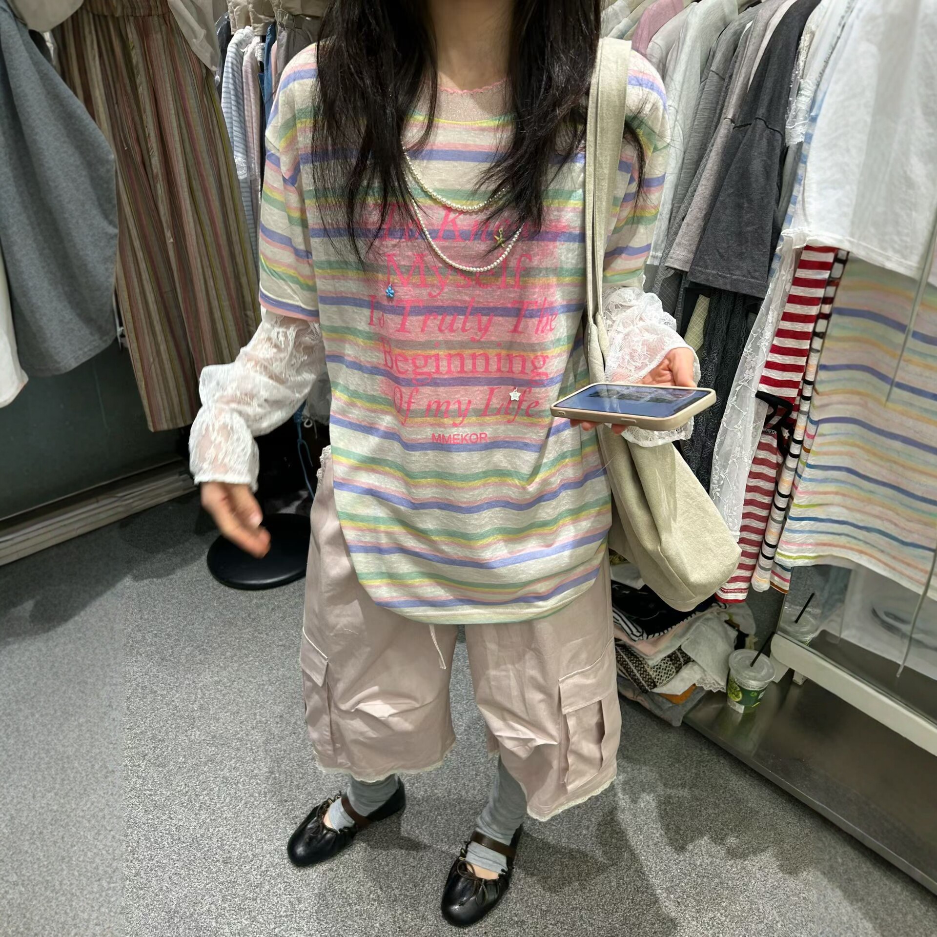 拼蕾丝假两件T恤2026夏新设计感