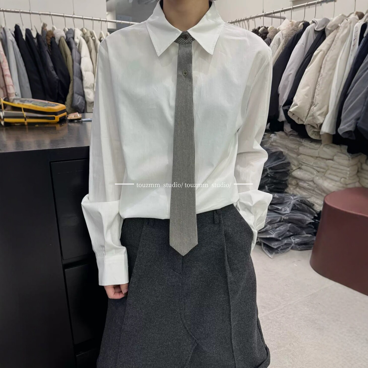 复古港风长袖条纹领带衬衫女
