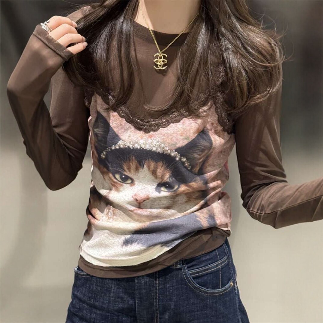 皇冠猫咪印花网纱长袖t恤女2026