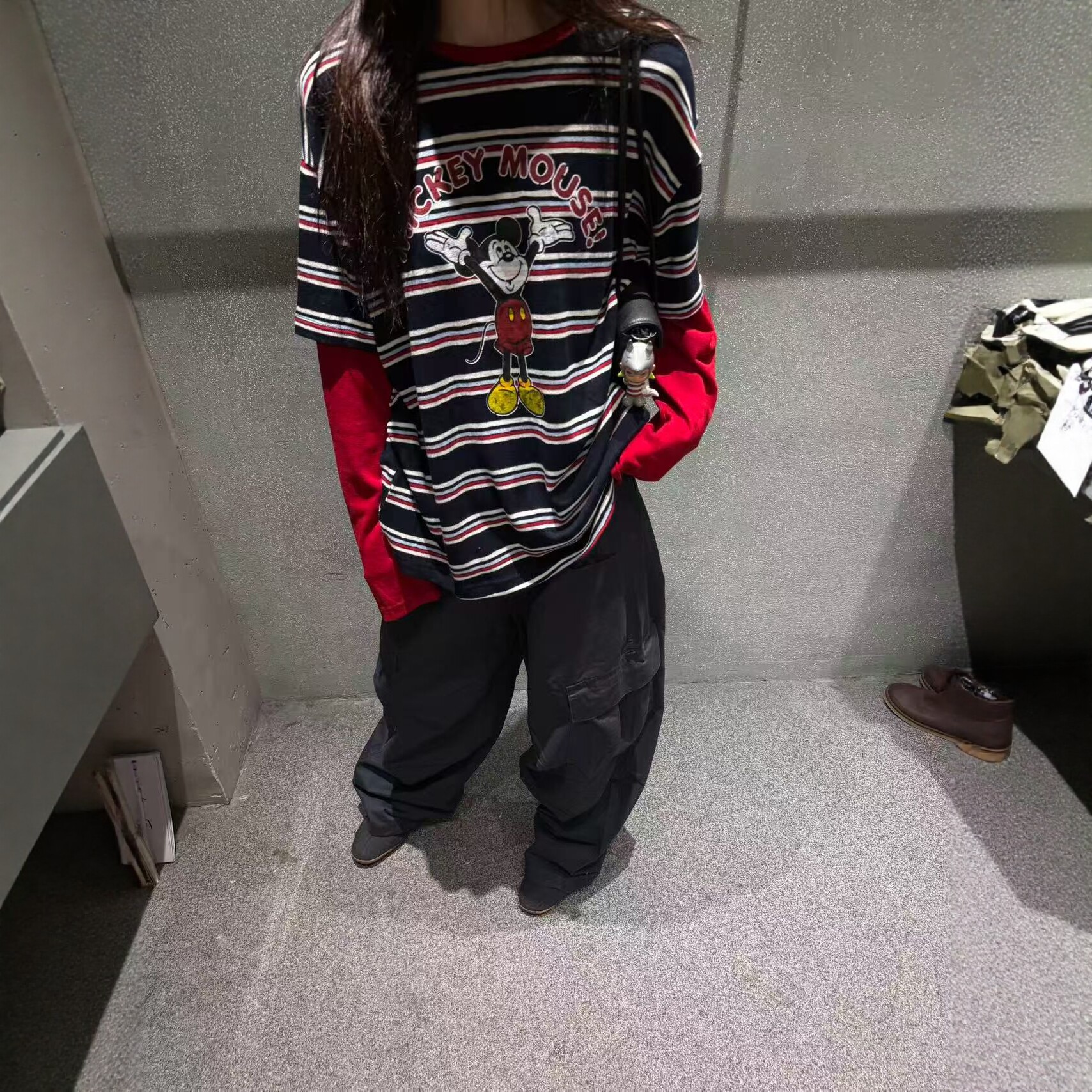 小熊印花条纹拼红色假两件T恤女