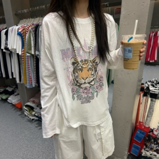 圆领长袖白色T恤女2026夏新欧洲站拼蕾丝设计感老虎印花防晒衫薄