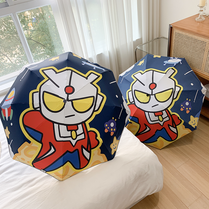 奥特曼儿童安全防回弹节节收自动伞圆角包边晴雨两用三折防晒伞