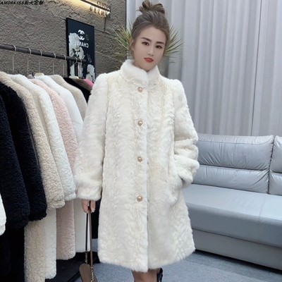 花狐貂秋冬新款皮毛一体外套女中长款水貂绒毛毛仿皮草立领大衣