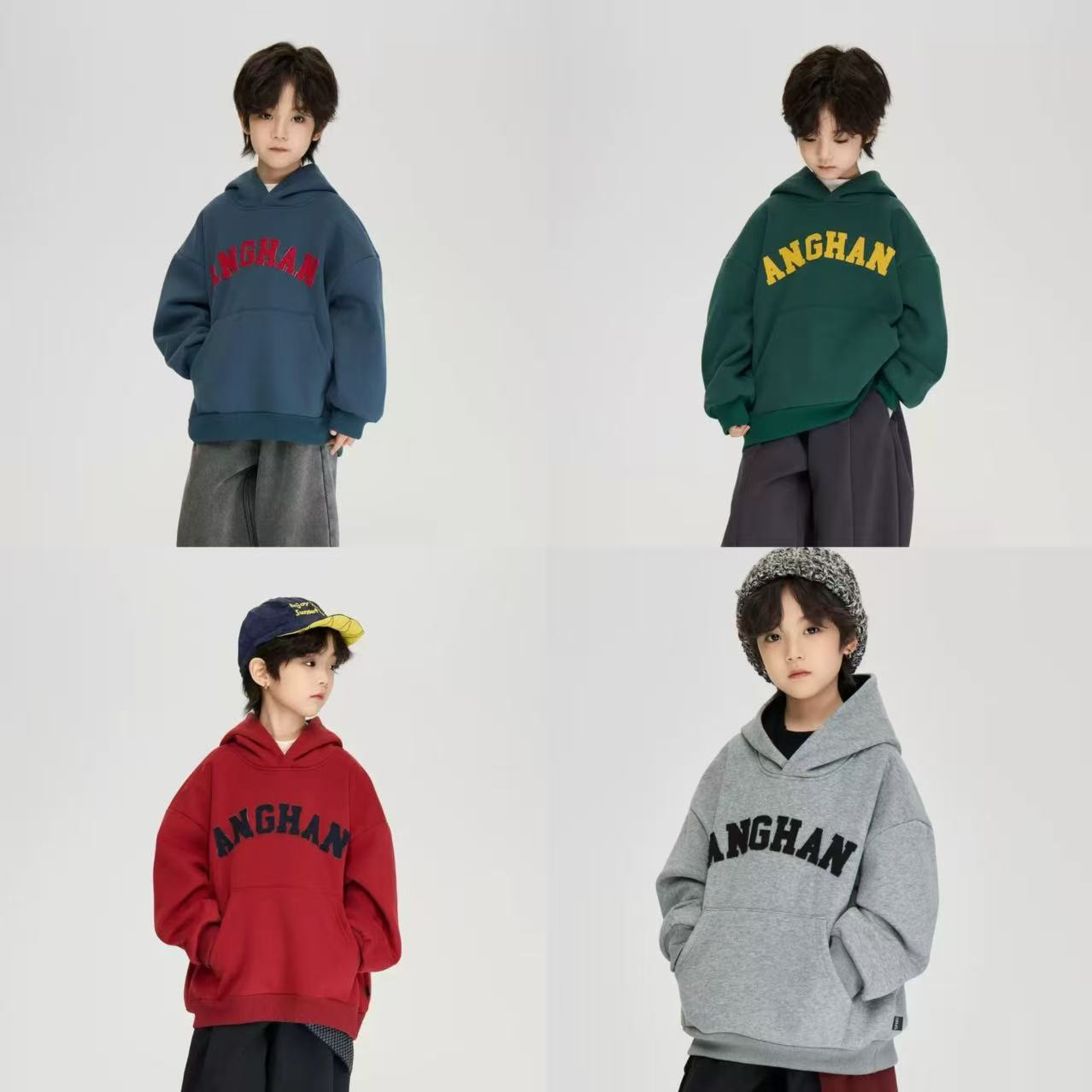 男童撞色连帽加绒卫衣冬季新款儿童童装中大童字母刺绣加厚上衣潮