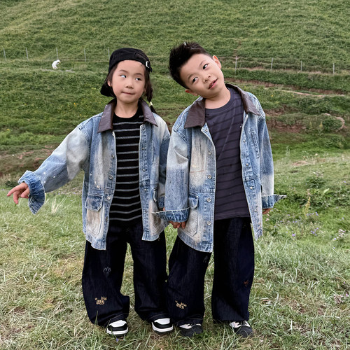 秋季男女童做旧涂鸦宽松牛仔外套