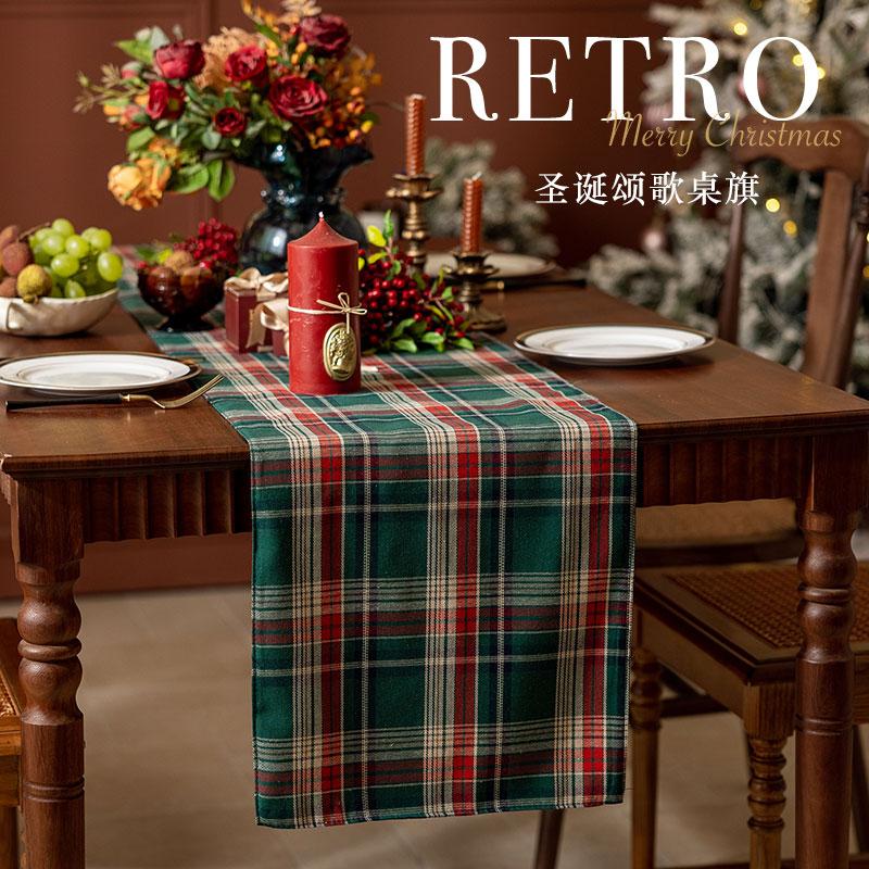 美式格子复古桌旗圣诞布艺