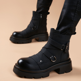 真皮高筒机车潮男靴 皮靴子男士 马丁靴男款 英伦风高帮厚底增高工装