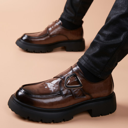 皮鞋男士潮流商务休闲厚底增高棕色豆豆鞋百搭套脚德比正装男单鞋