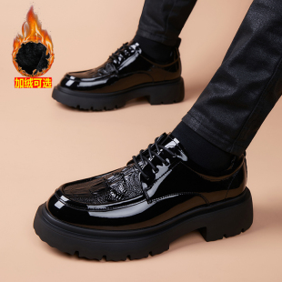 皮鞋男款2025冬季新款真皮商务正装休闲加绒鳄鱼纹英伦厚底增高鞋