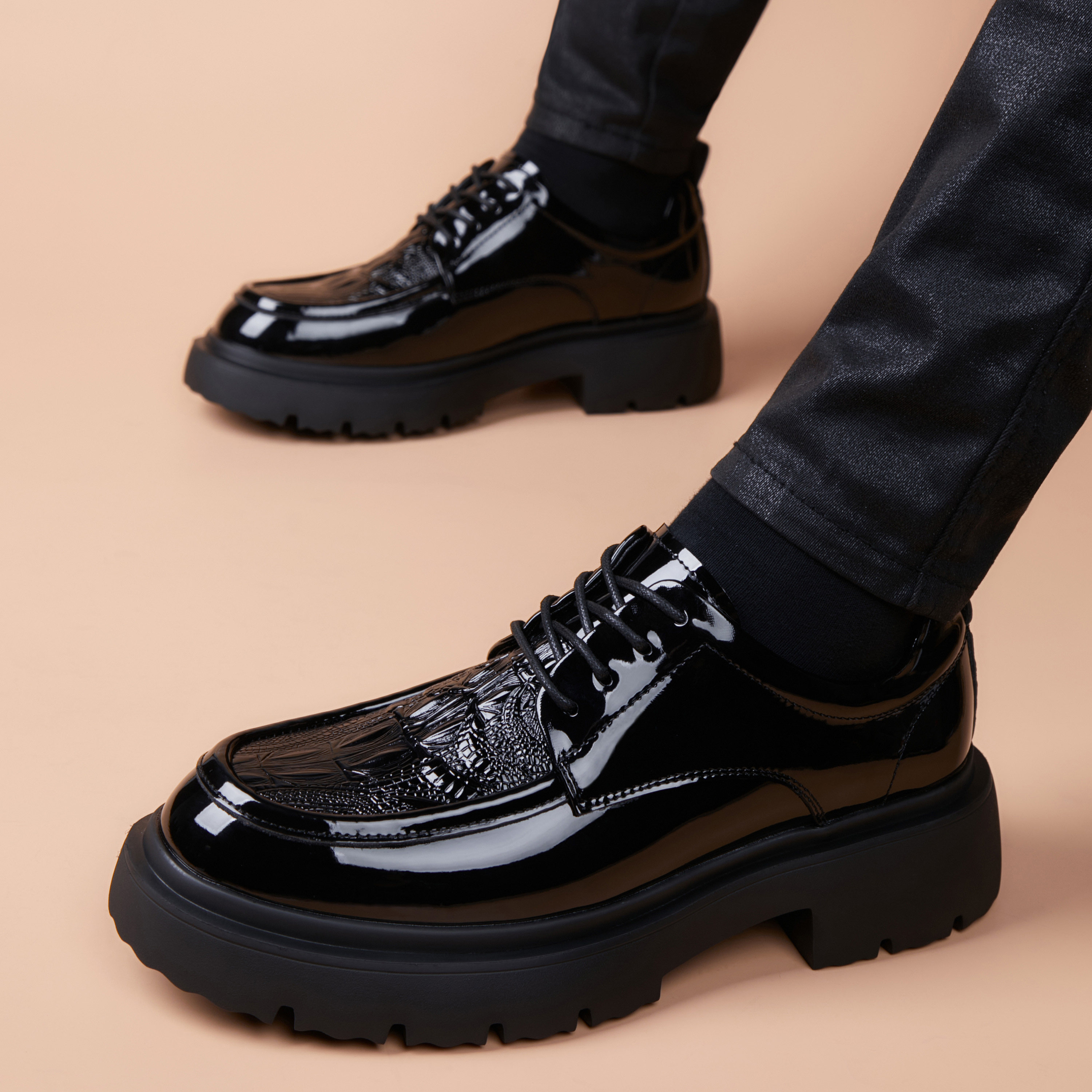 皮鞋男款2026春季新款真皮商务正装休闲透气鳄鱼纹英伦厚底增高鞋