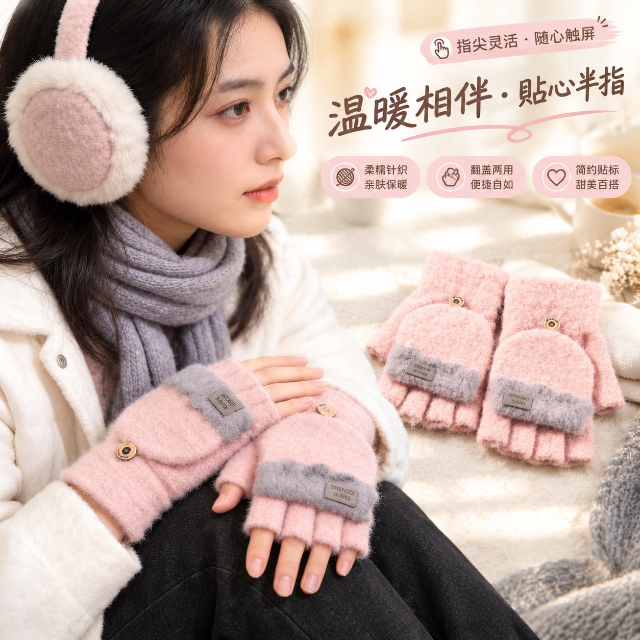 打字敲键露指女款冬季新款保暖针织手套触屏两用半指翻盖手套学生