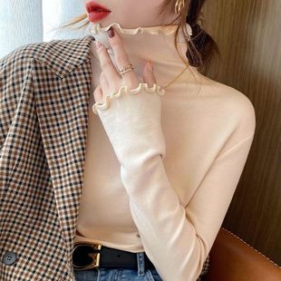 纯棉杏色打底衫女长袖秋冬新款时尚木耳边高领内搭修身显瘦上衣服