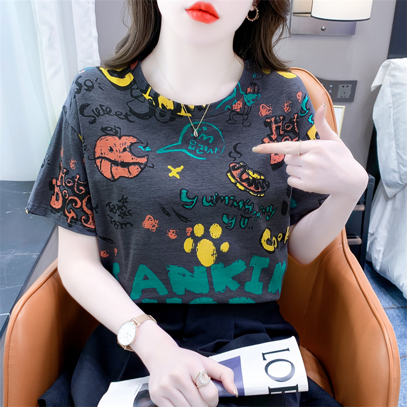 纯棉涂鸦印花短袖t恤女宽松上衣