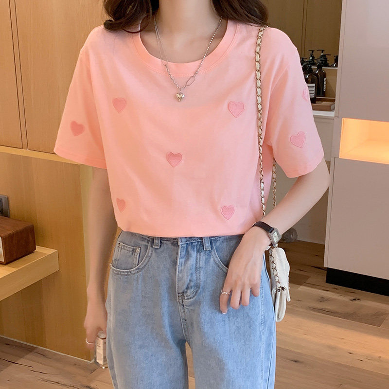 时尚爱心刺绣短袖t恤女2024夏季新款宽松百搭圆领体恤洋气上衣服