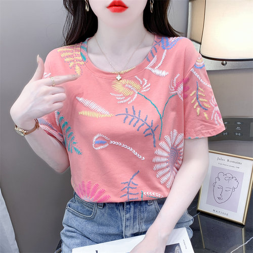 纯棉立体花朵印花短袖t恤女2024夏装新款宽松休闲百搭减龄上衣
