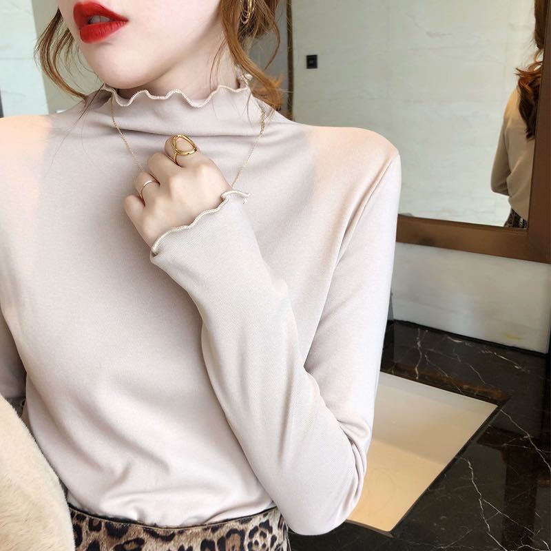 纯棉半高领木耳边内搭长袖t恤女