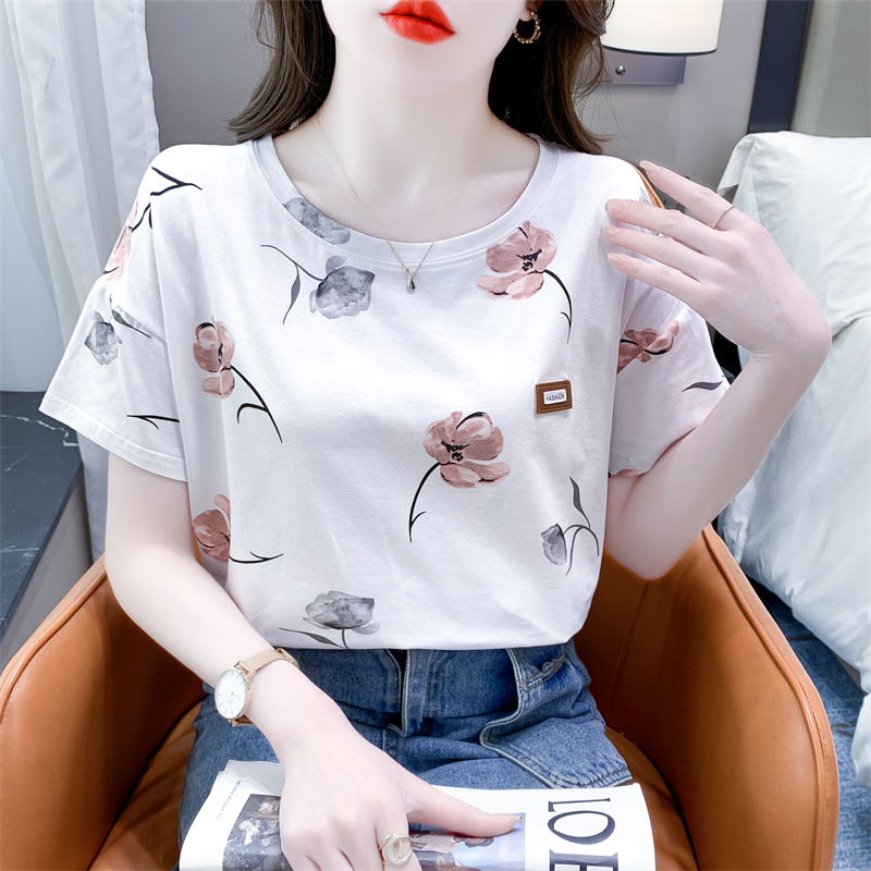 纯棉花朵印花短袖T恤女2024夏季新款宽松显瘦休闲百搭白色上衣