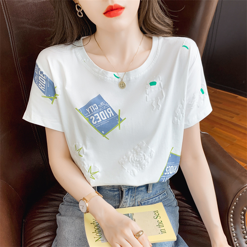 纯棉白色t恤女短袖宽松圆领半袖