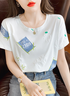 纯棉白色t恤女短袖2023年夏季新款韩版宽松圆领半袖印花上衣ins潮