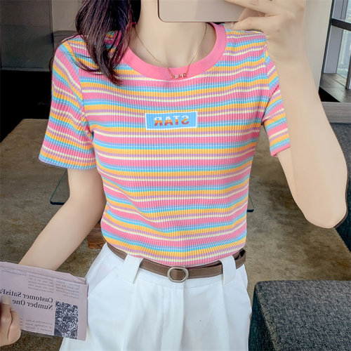纯棉撞色条纹短袖t恤女2024夏季新款修身显瘦印花短款小个子上衣