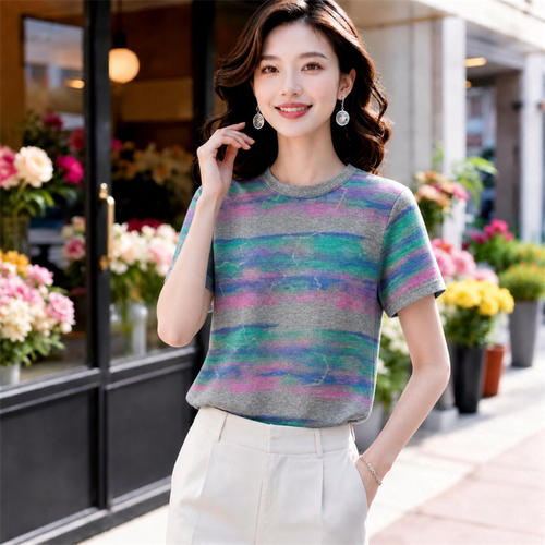 时尚彩绘印花短袖t恤女夏季新款宽松休闲显瘦大码减龄圆领上衣服