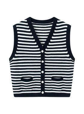 MM商场同款2026春季新款淑女风条纹V领无袖外搭背心针织开衫女L36