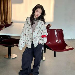 熙爱女童2025秋冬大童韩版休闲卡通K T猫满印加绒连帽卫衣外套