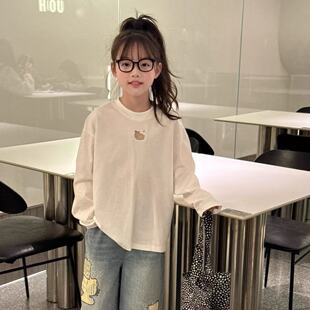 女童春夏新款2026中大童小个子女生韩版蝴蝶结刺绣薄款长袖T恤