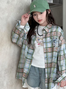 熙爱2025春夏新款女童格纹衬衫蝴蝶结时尚外穿洋气百搭长袖25908