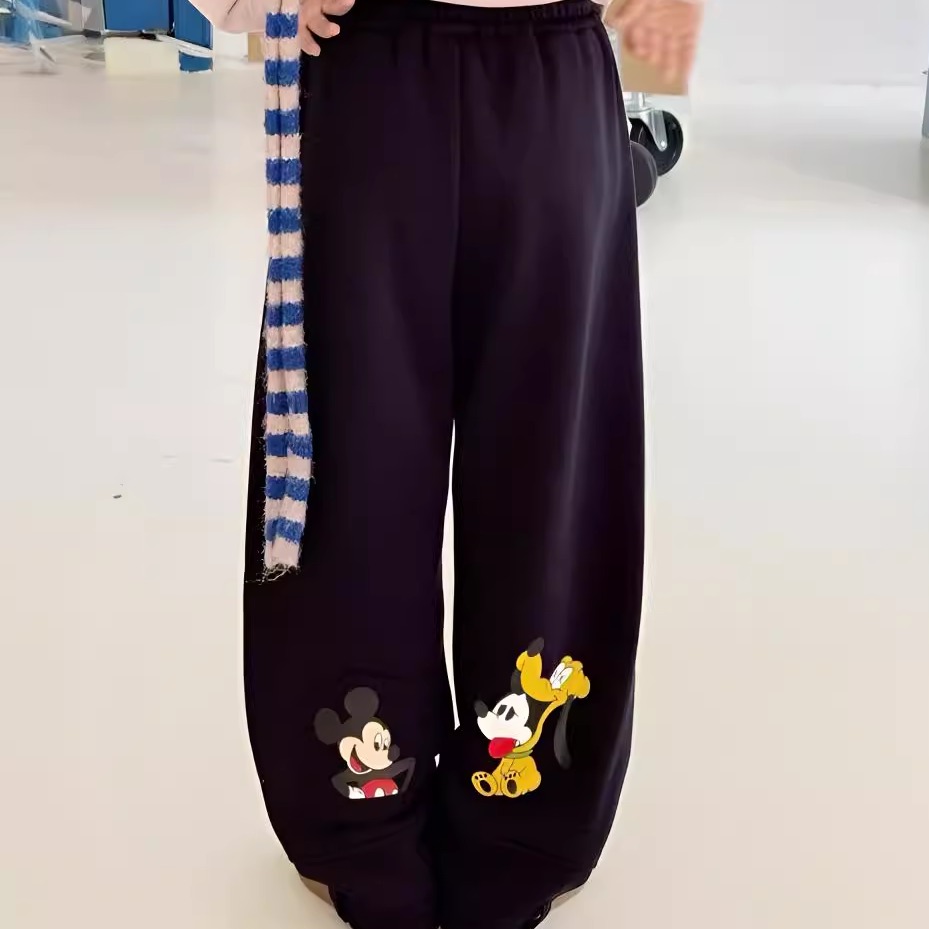 2025秋冬韩版设计感女童俏皮甜酷卡通米奇加绒卫裤直筒加绒长裤