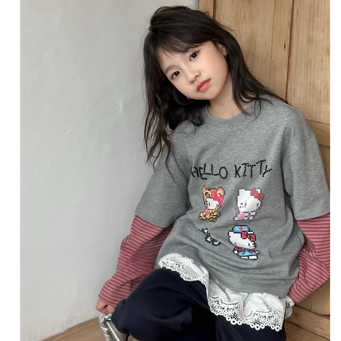 熙爱2025早春新款女童圆领假两件拼接条纹袖T恤撞色时尚上衣12302