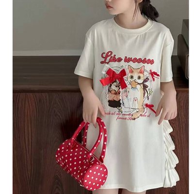 2025夏新品中大女童甜美猫咪印花立体蝴蝶结蛋糕连衣裙短袖25061