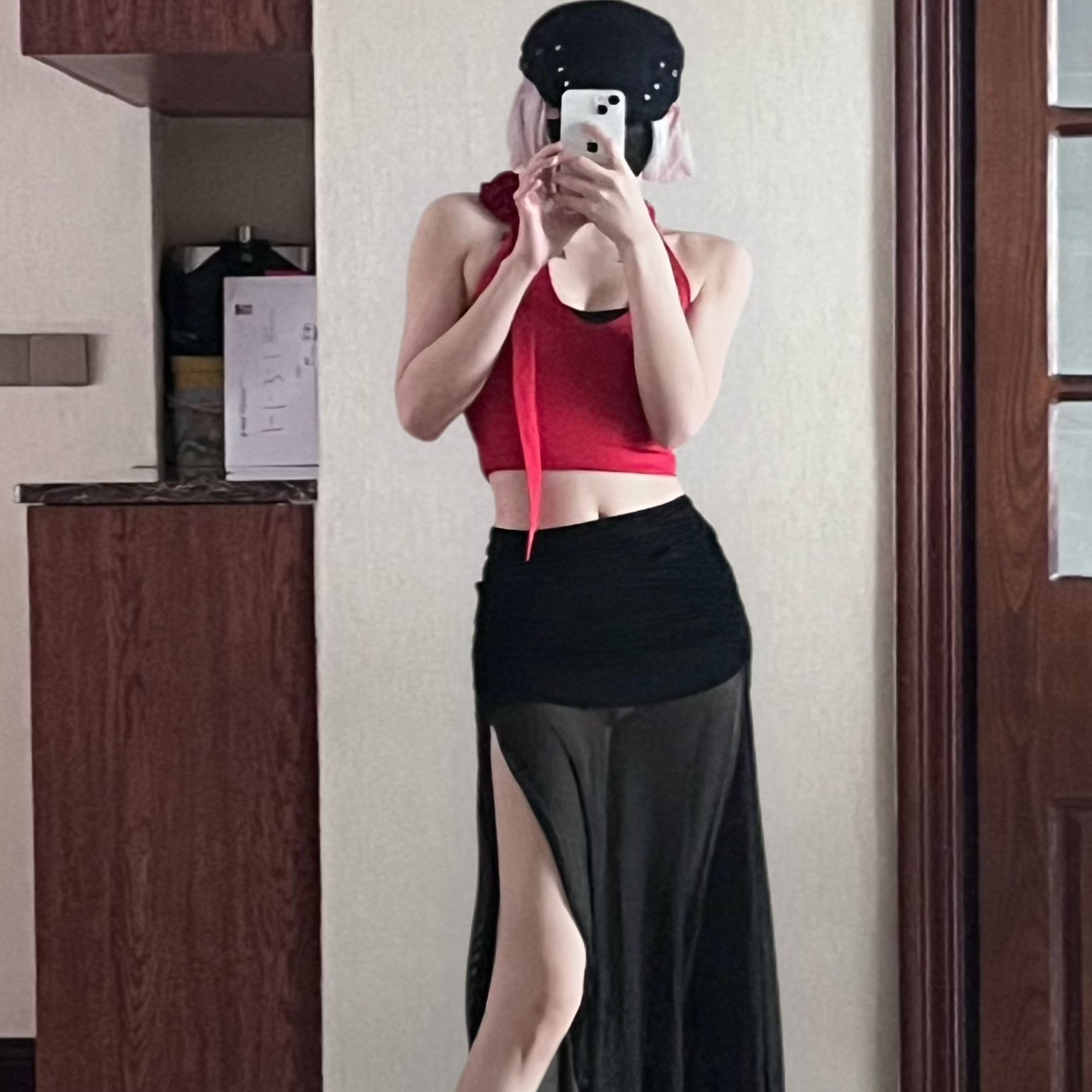 dudustudio夏季新款女装纯色修身街头时尚高腰纱网开叉半身裙