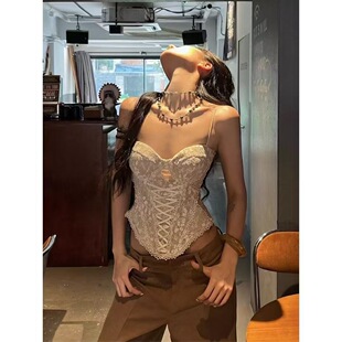 纯欲辣妹风带胸垫背心吊带鱼骨掐腰显瘦蕾丝抹胸 美式 2025春季 新款