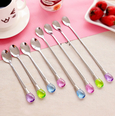 水晶水滴钻石不锈钢长柄勺子冰勺咖啡牛奶搅拌勺女生可爱甜品小勺