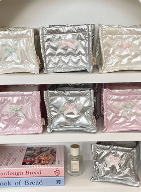 ins手作pu款收纳盒桌面ins可爱绗缝蝴蝶结收纳筐钥匙化妆品整理袋