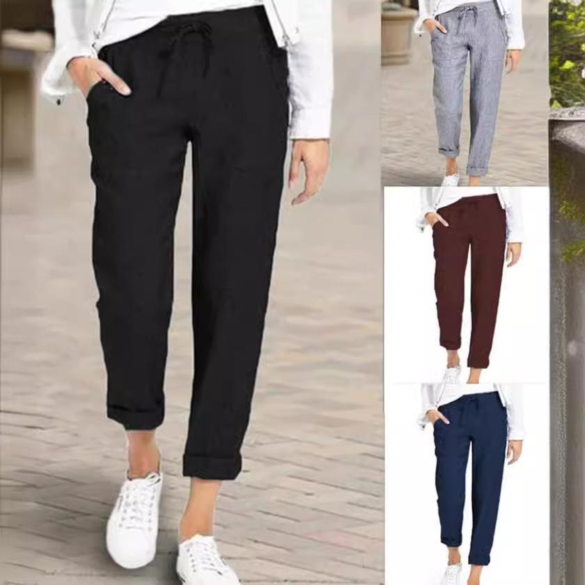 cotton linen pants for women high waist elastic harem pants