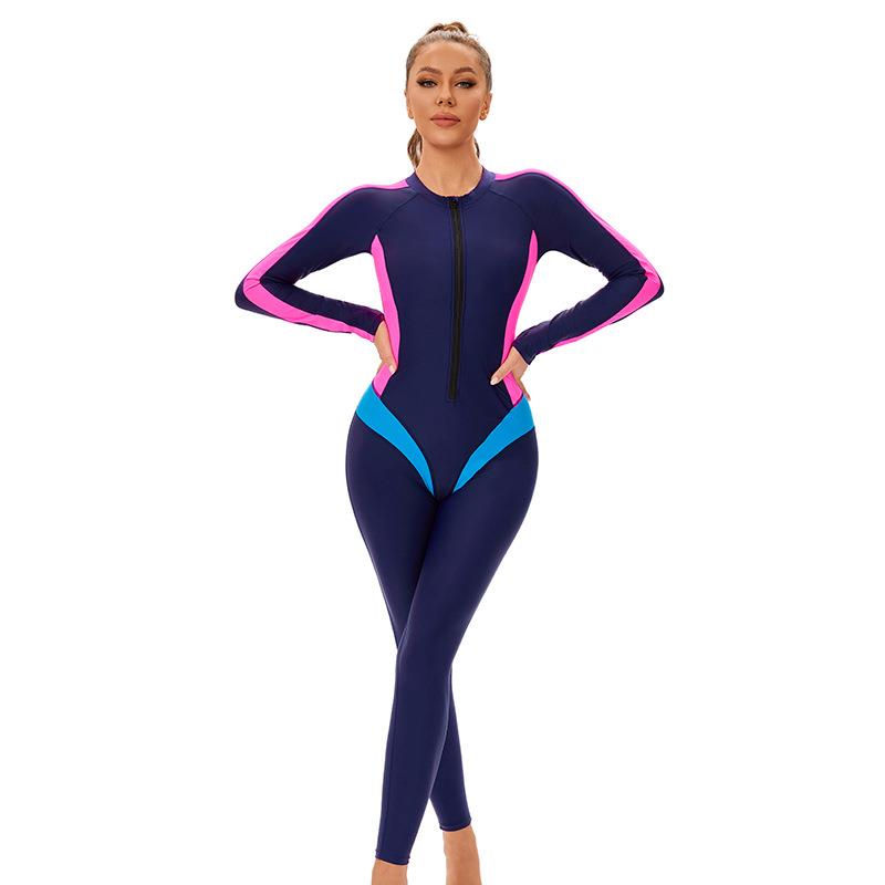 Colorblock One-Piece Swimsuit Womens Long Sleeve Pants Full