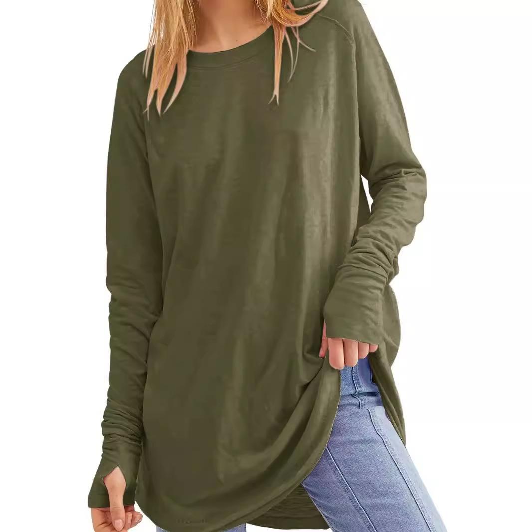 womens spring and autumn new crew neck shirt solid color