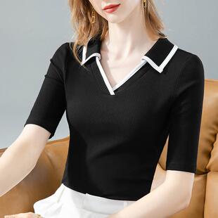 collar half waist color Contrast top sleeved shirt Modal