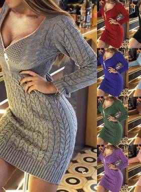 Knitted mid-length half-zip V-neck slim sweater dress