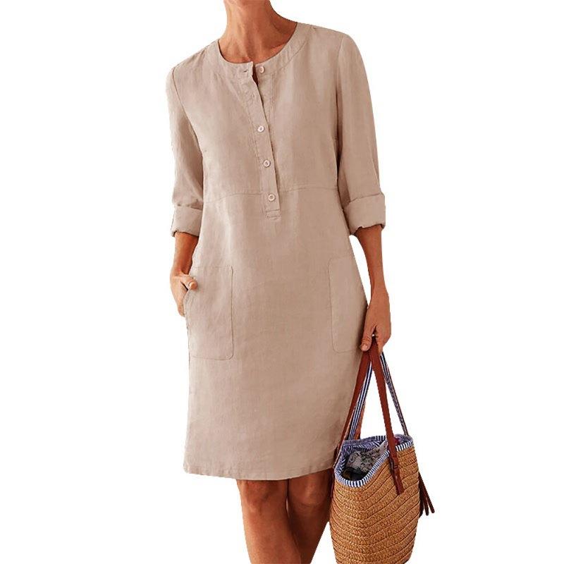 neck dress round casual boho women soild long cotton and