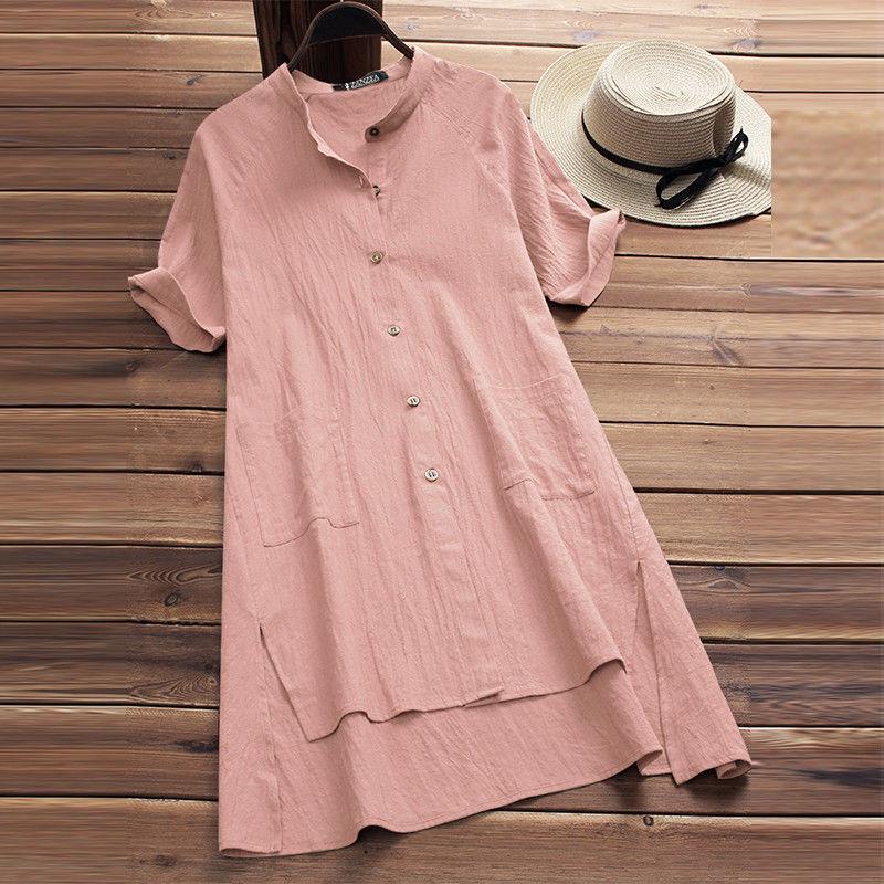 Dress Linen and Cotton Pocket Button Sleeve Raglan Ladies